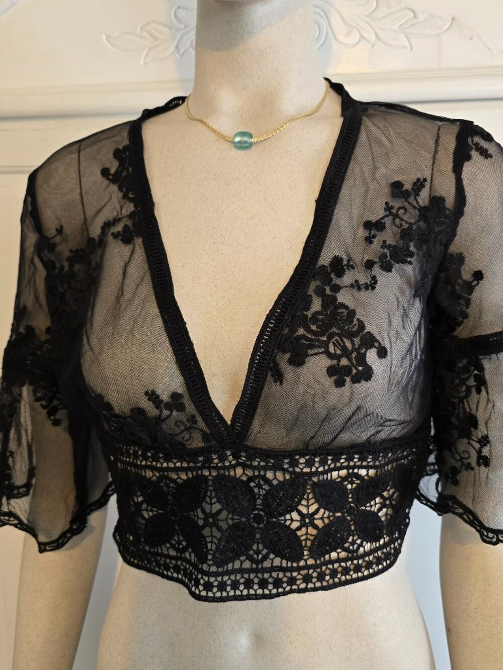 Black Sheer Embroidered Crop Top, Size Small